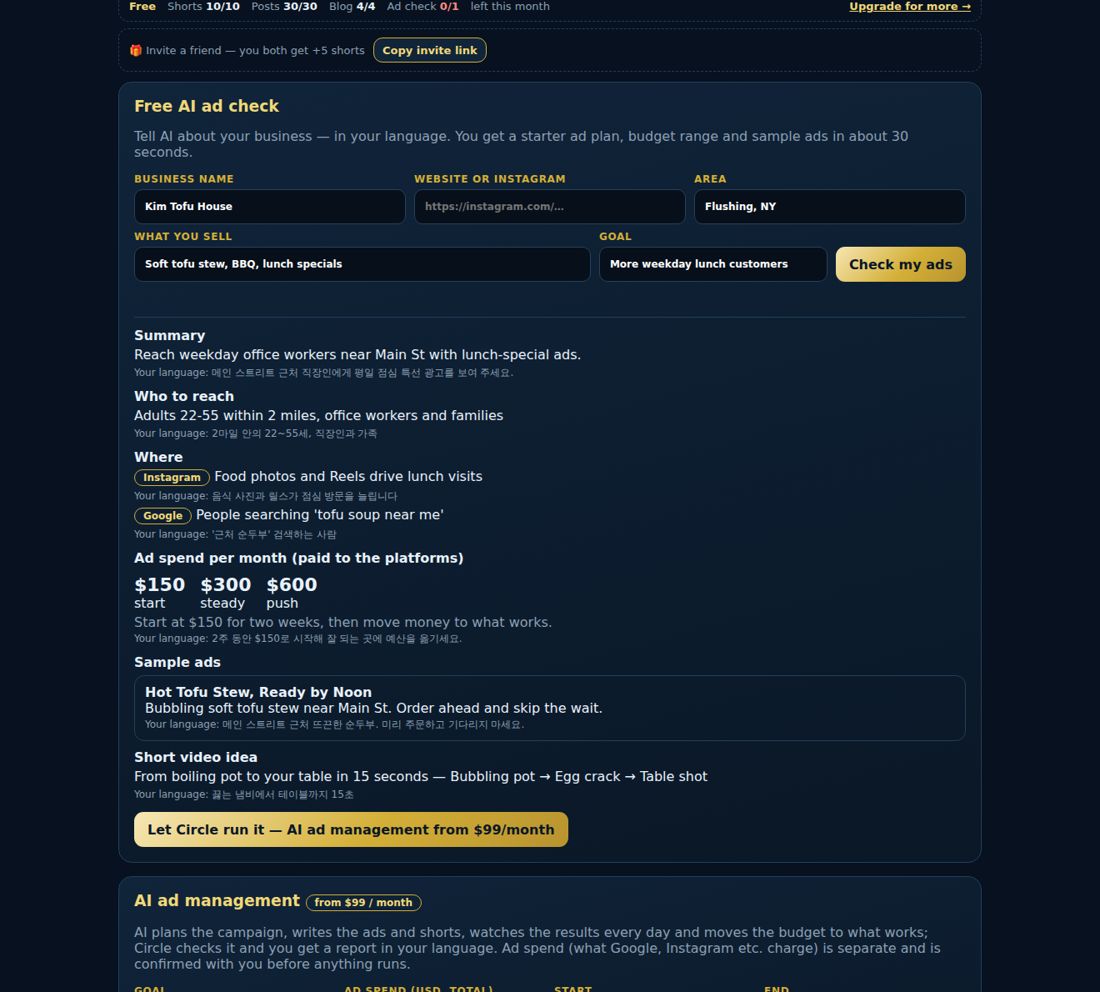 A free AI ad check with a plan, budget range and sample ad
